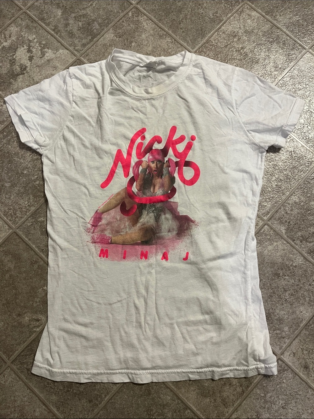 Nicki Minaj Vintage White Short Sleeve Graphic Tee with Pink Script